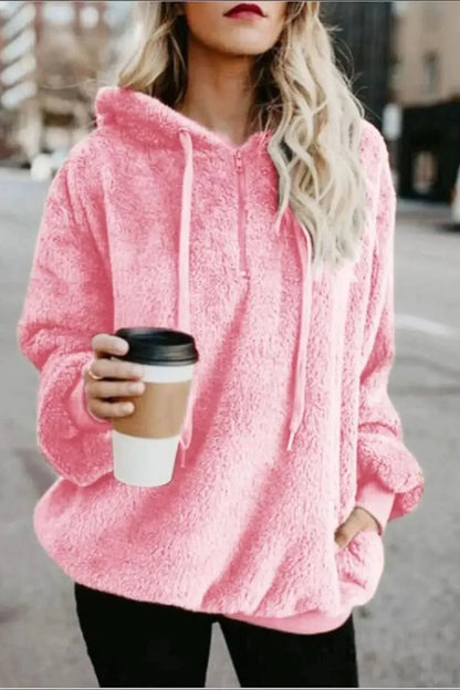 Full Size Quarter-Zip Drawstring Teddy Hoodie - Bad Moms Club