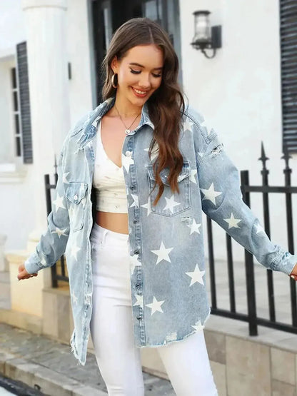 Star Denim Jacket with Pockets - Bad Moms Club