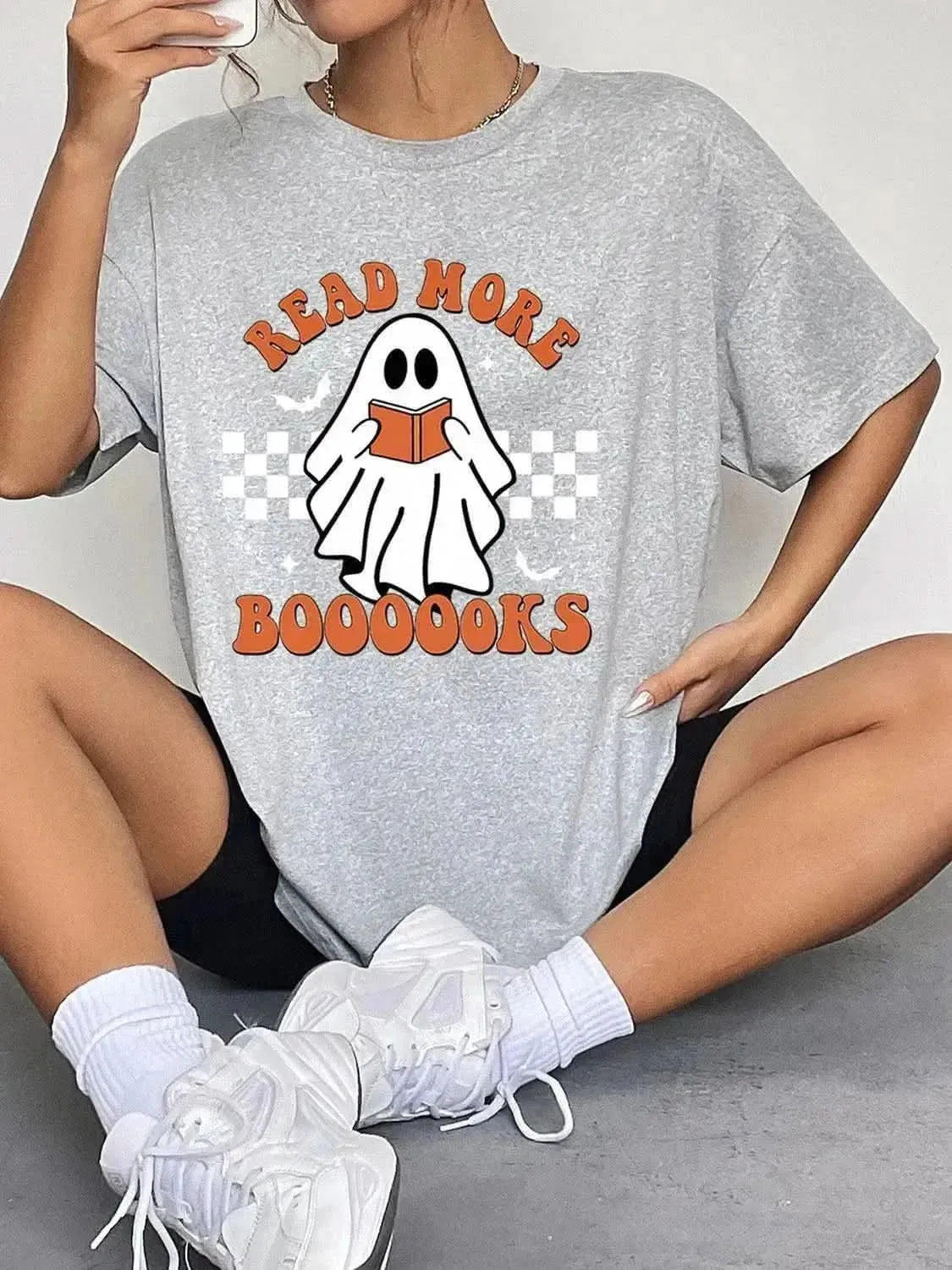 Round Neck Short Sleeve Ghost Graphic T-Shirt - Bad Moms Club
