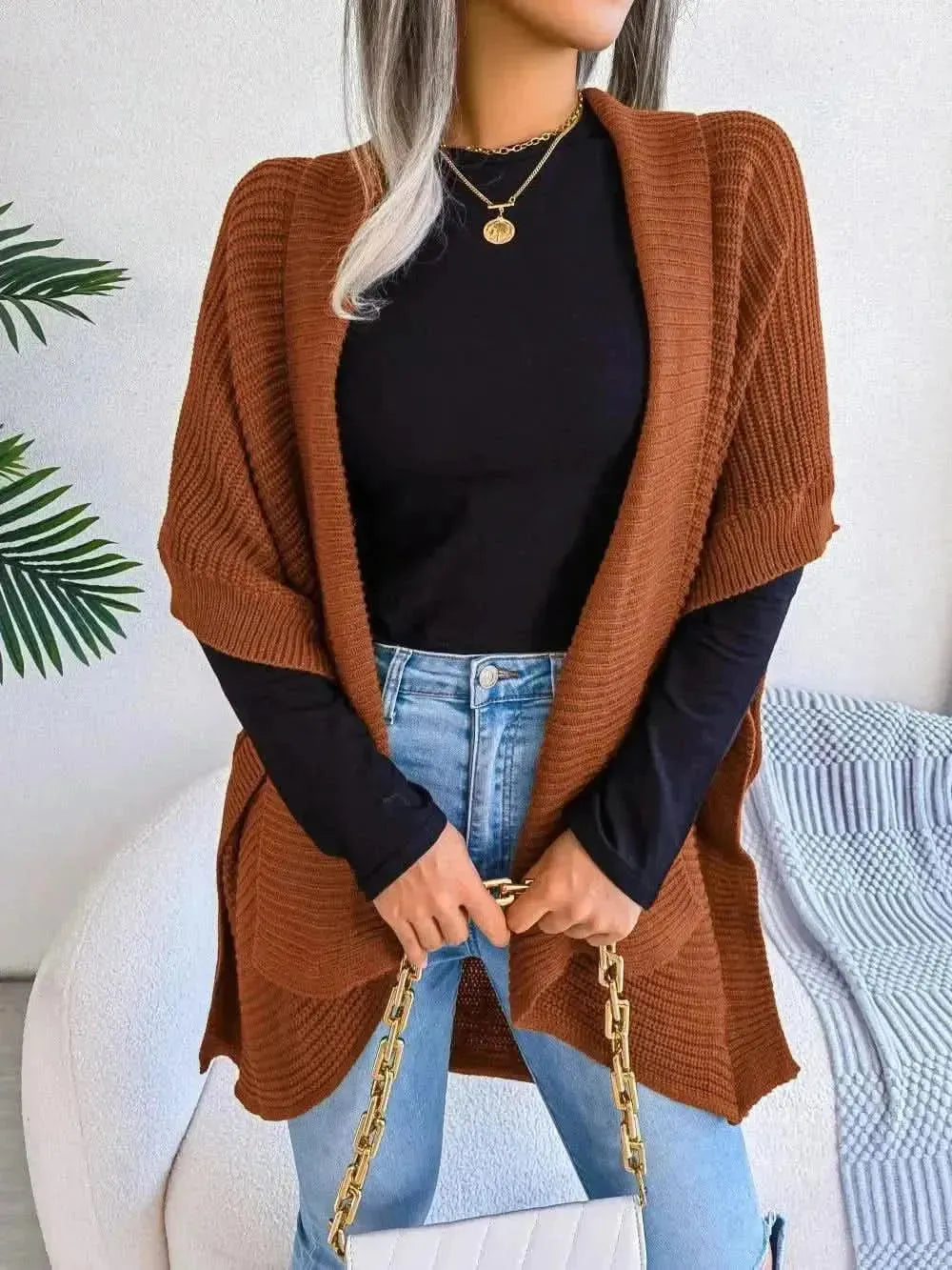 Horizontal Ribbing Open Front Slit Cardigan - Bad Moms Club