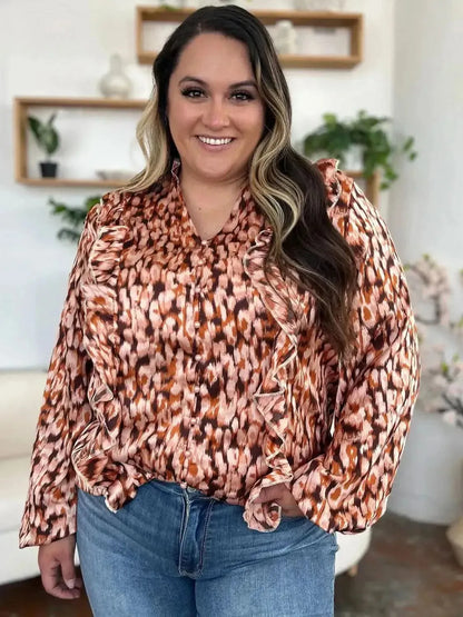Double Take Full Size Printed Ruffle Trim Balloon Sleeve Shirt - Bad Moms Club