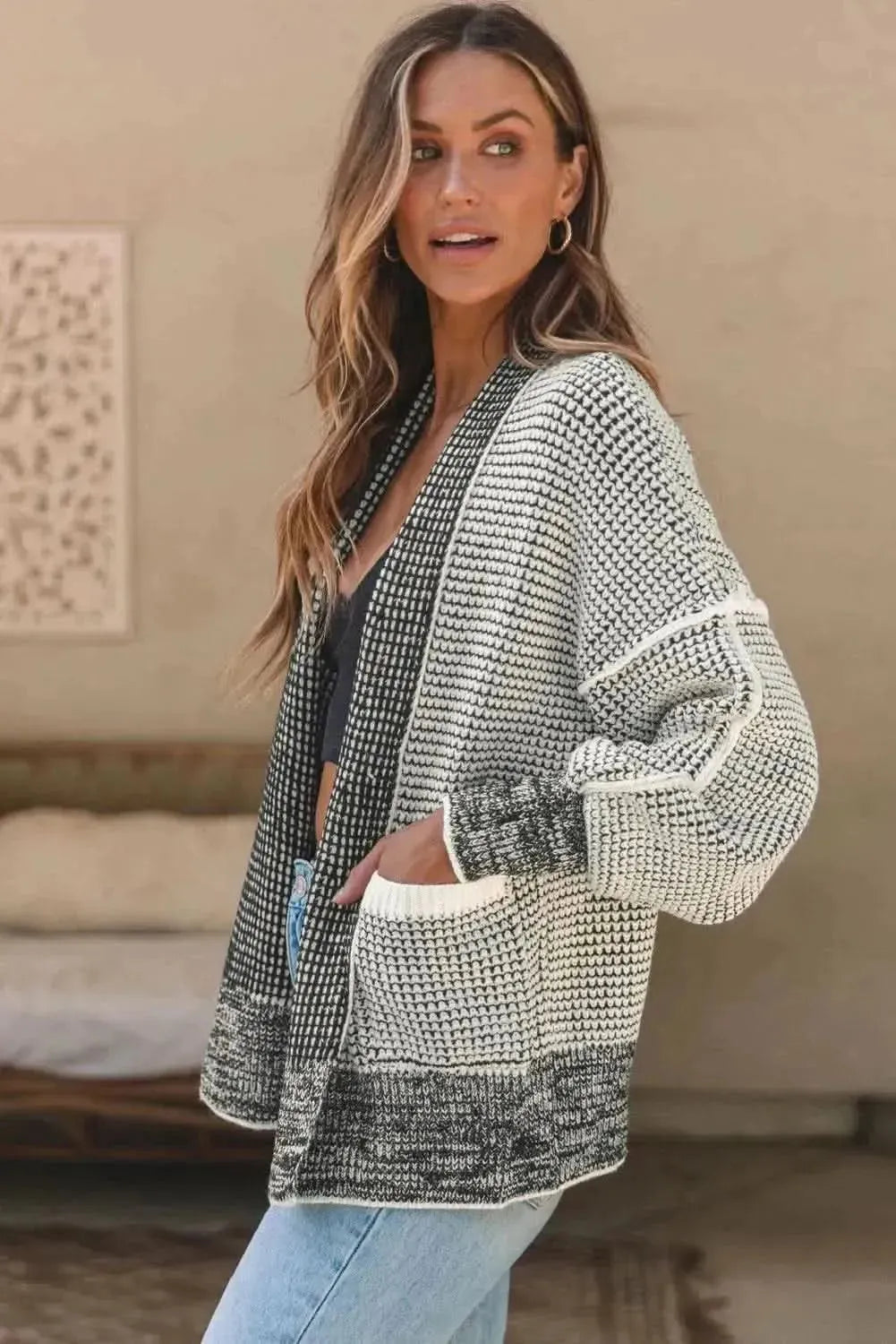 Waffle-knit Pocketed Open Front Cardigan - Bad Moms Club