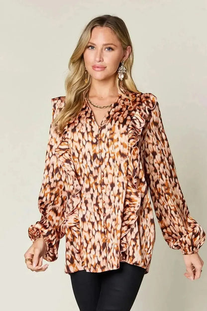 Double Take Full Size Printed Ruffle Trim Balloon Sleeve Shirt - Bad Moms Club