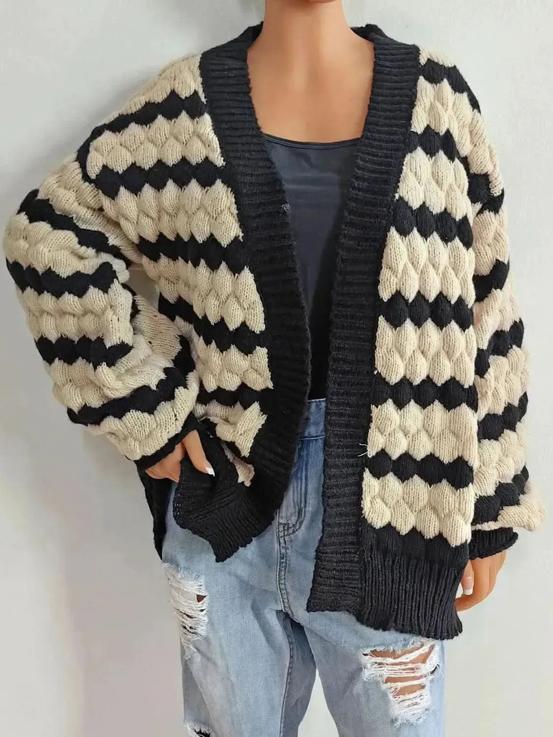 Striped Contrast Open Front Long Sleeve Cardigan - Bad Moms Club