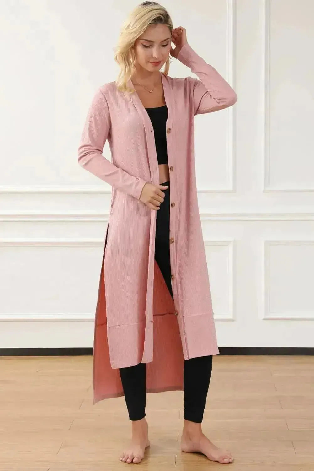 Button Up High-Low Long Sleeve Slit Cardigan - Bad Moms Club