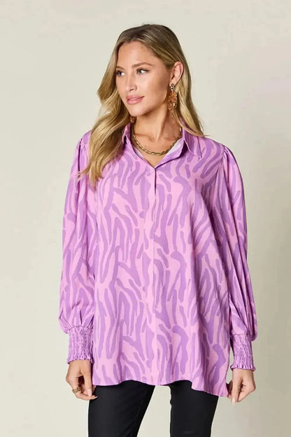 Double Take Full Size Printed Smocked Long Sleeve Blouse - Bad Moms Club