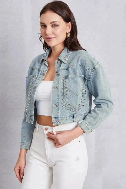Studded Dropped Shoulder Denim Jacket - Bad Moms Club