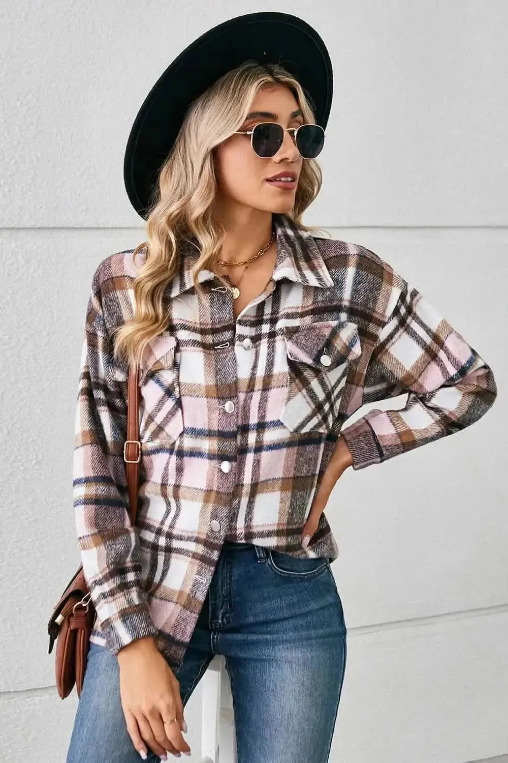Button Down Collared Plaid Shacket - Bad Moms Club