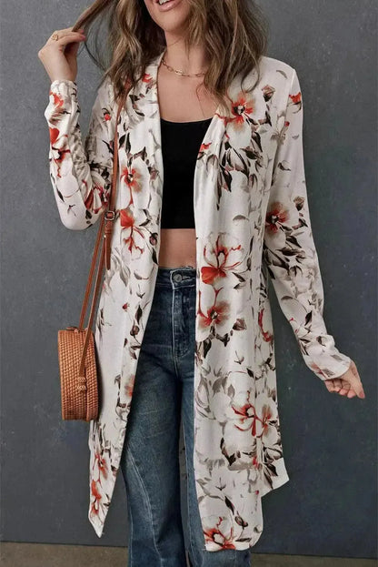 Double Take Printed Open Front Longline Cardigan - Bad Moms Club