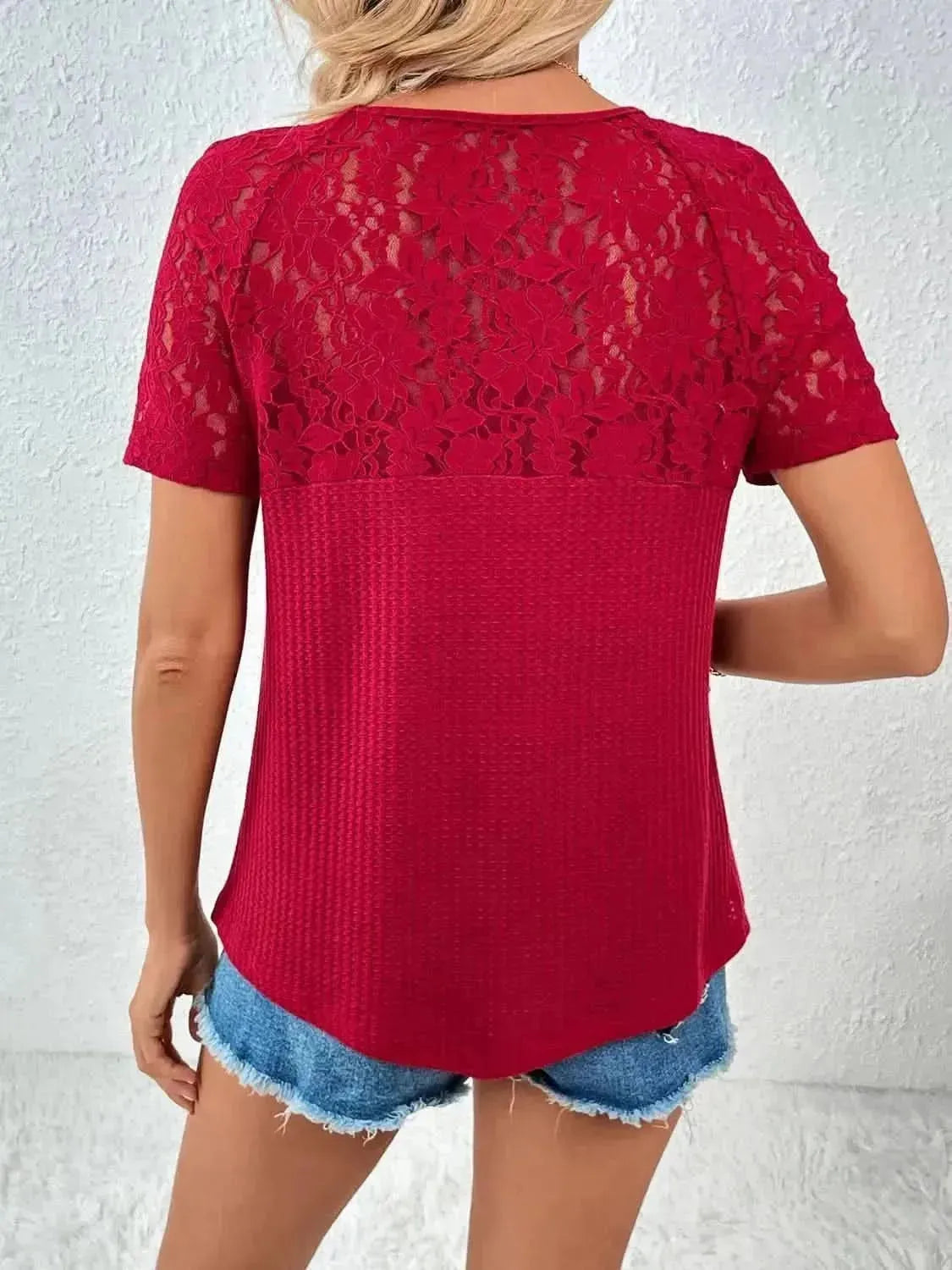 Ivy Lane Lace Detail V-Neck Short Sleeve T-Shirt - Bad Moms Club