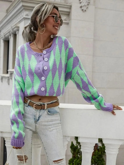 Woven Right Argyle Button Front Drop Shoulder Cardigan - Bad Moms Club
