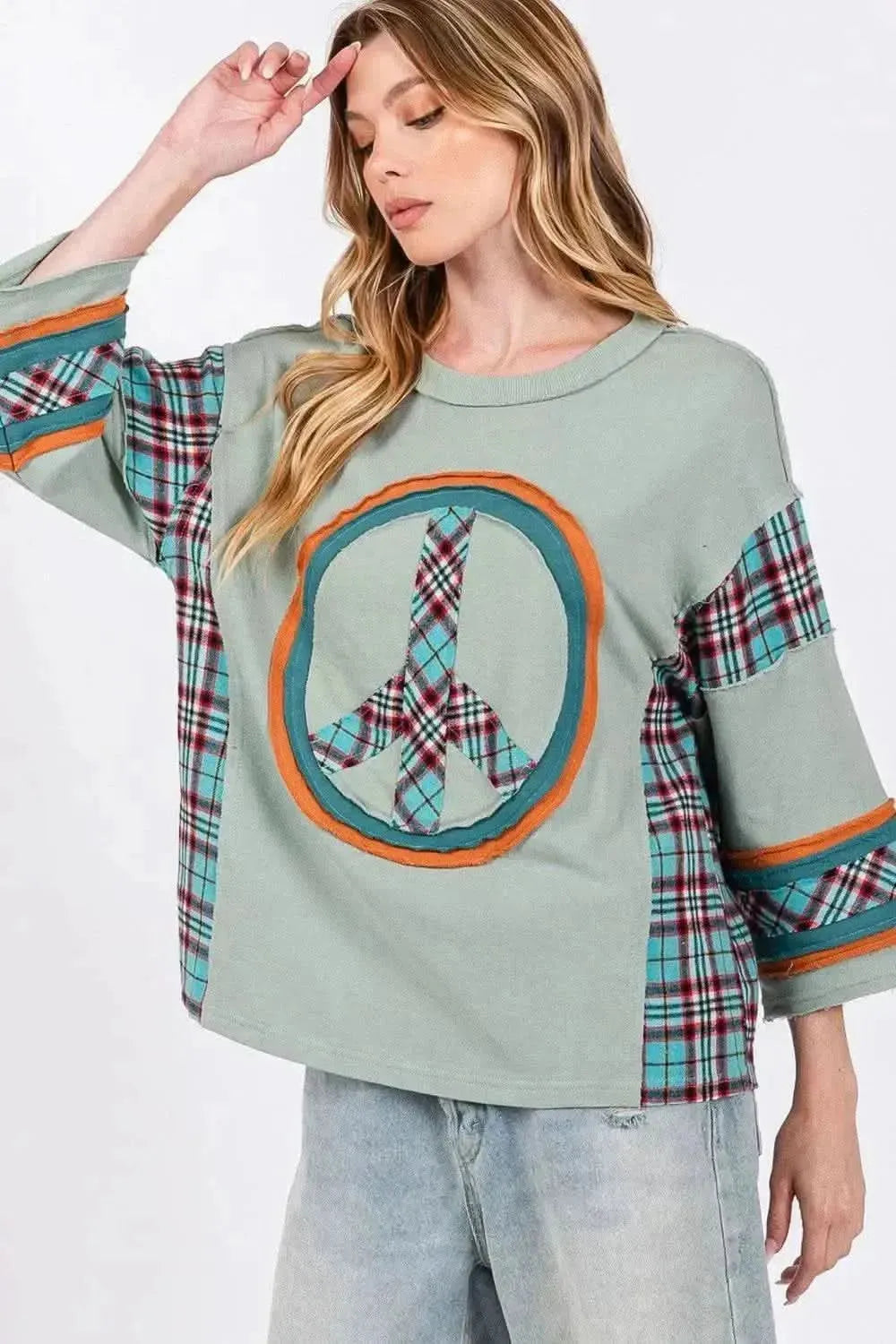 SAGE + FIG Peace Applique Patch Contrast Plaid Top - Bad Moms Club