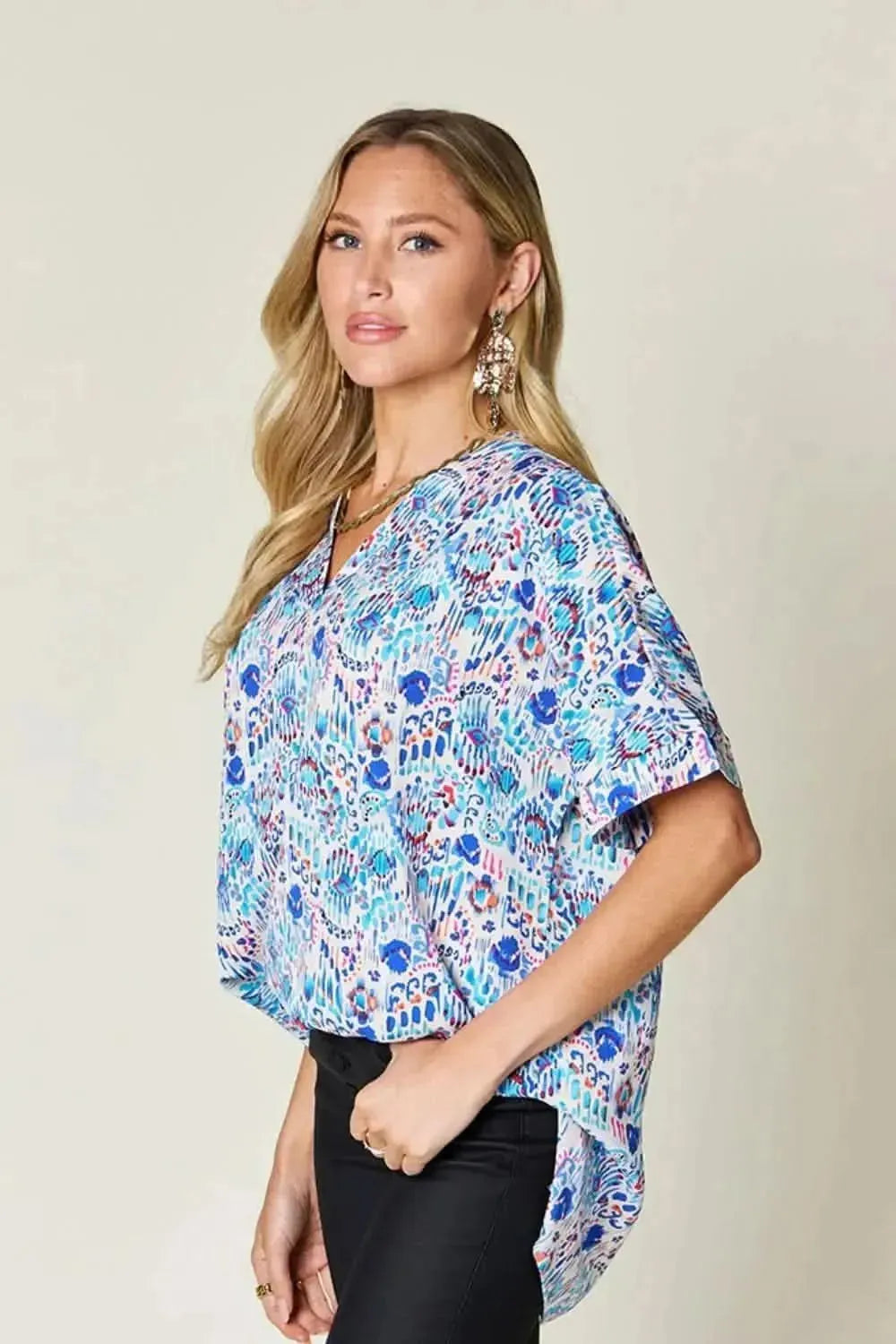 Double Take Full Size Printed V-Neck Short Sleeve Blouse - Bad Moms Club
