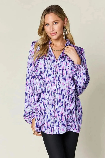 Double Take Full Size Printed Ruffle Trim Balloon Sleeve Shirt - Bad Moms Club