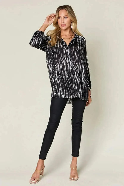 Double Take Full Size Printed Button Up Long Sleeve Shirt - Bad Moms Club
