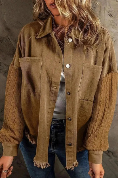 Pocketed Button Up Raw Hem Denim Jacket - Bad Moms Club