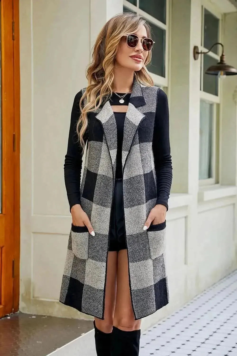 Plaid Open Front Sleeveless Cardigan with Pockets - Bad Moms Club