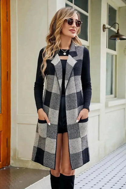 Plaid Open Front Sleeveless Cardigan with Pockets - Bad Moms Club