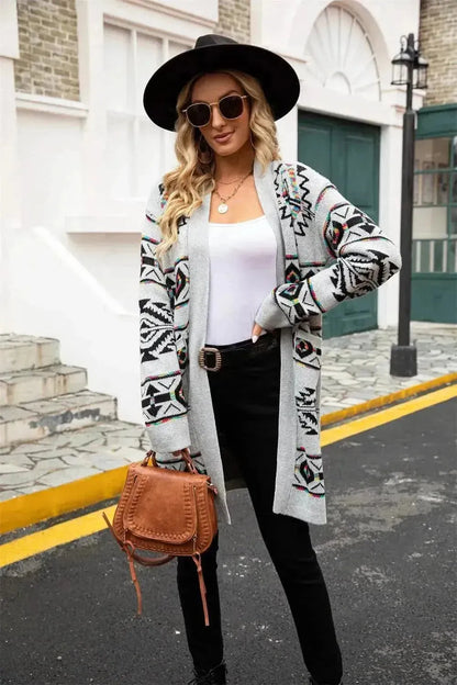 Pocketed Geometric Open Front Dropped Shoulder Cardigan - Bad Moms Club