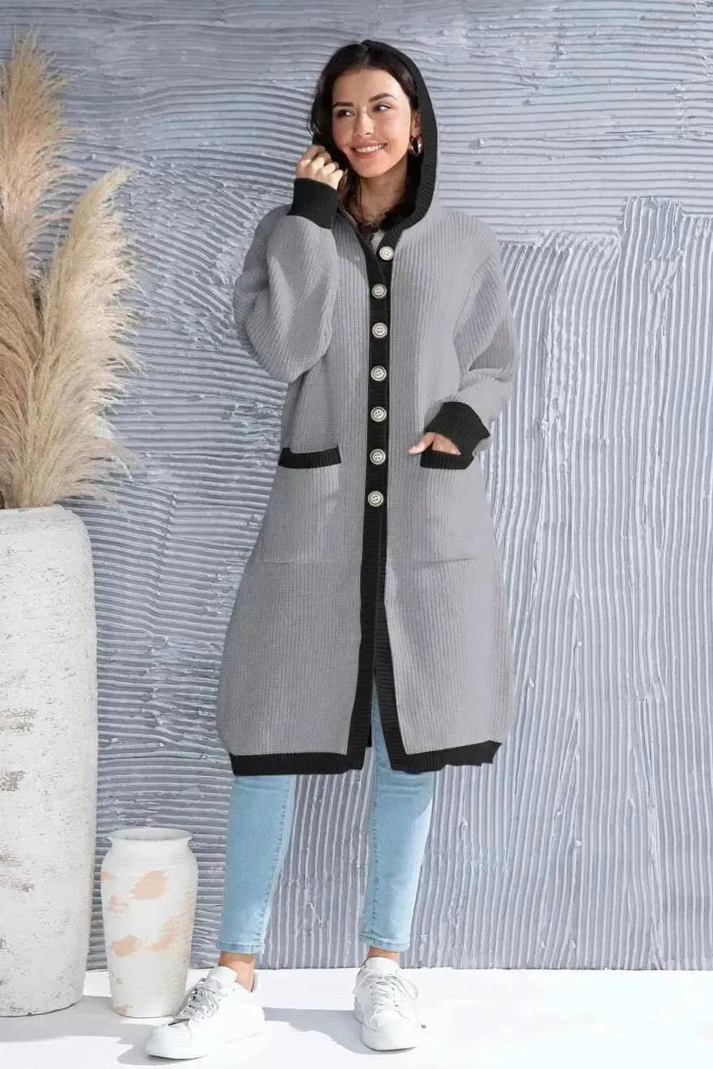 Button Up Contrast Trim Hooded Cardigan - Bad Moms Club