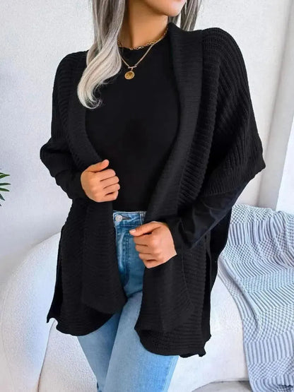 Horizontal Ribbing Open Front Slit Cardigan - Bad Moms Club