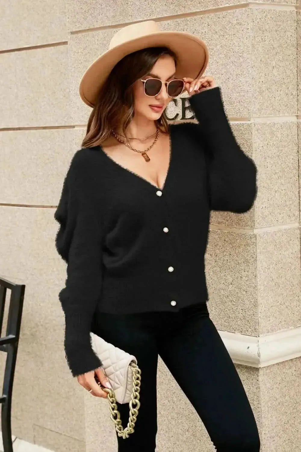 Woven Right Puff Sleeve V-Neck Fuzzy Cardigan - Bad Moms Club
