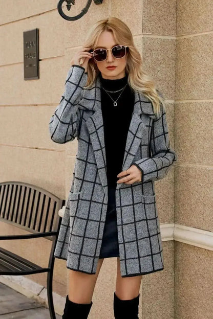 Printed Open Front Lapel Collar Cardigan with Pockets - Bad Moms Club