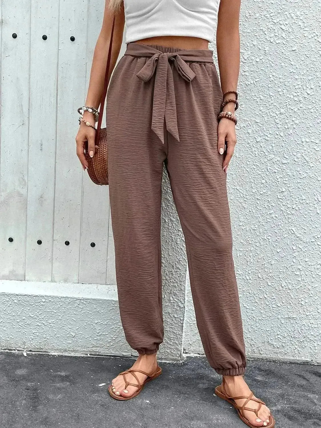 Perfee Tied High Waist Pants with Pockets - Bad Moms Club