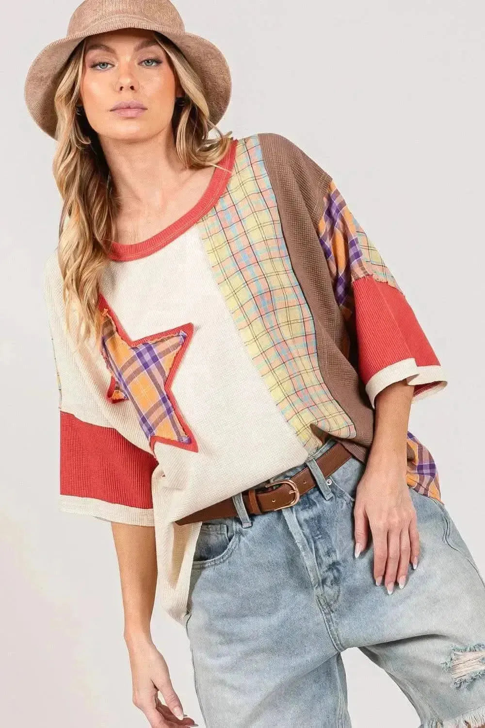 SAGE + FIG Round Neck Plaid Star Patch T-Shirt - Bad Moms Club