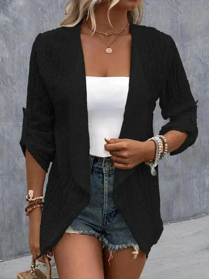 Eyelet Roll-Tab Sleeve Cardigan - Bad Moms Club