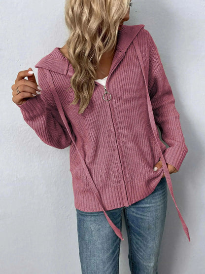 Zip-Up Drawstring Detail Hooded Cardigan - Bad Moms Club