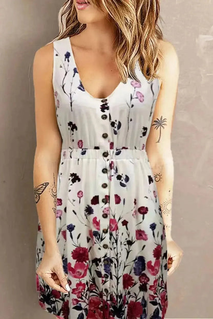 Double Take Scoop Neck Buttoned Sleeveless Magic Dress with Pockets - Bad Moms Club
