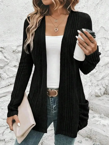 Pocketed Open Front Long Sleeve Cardigan - Bad Moms Club