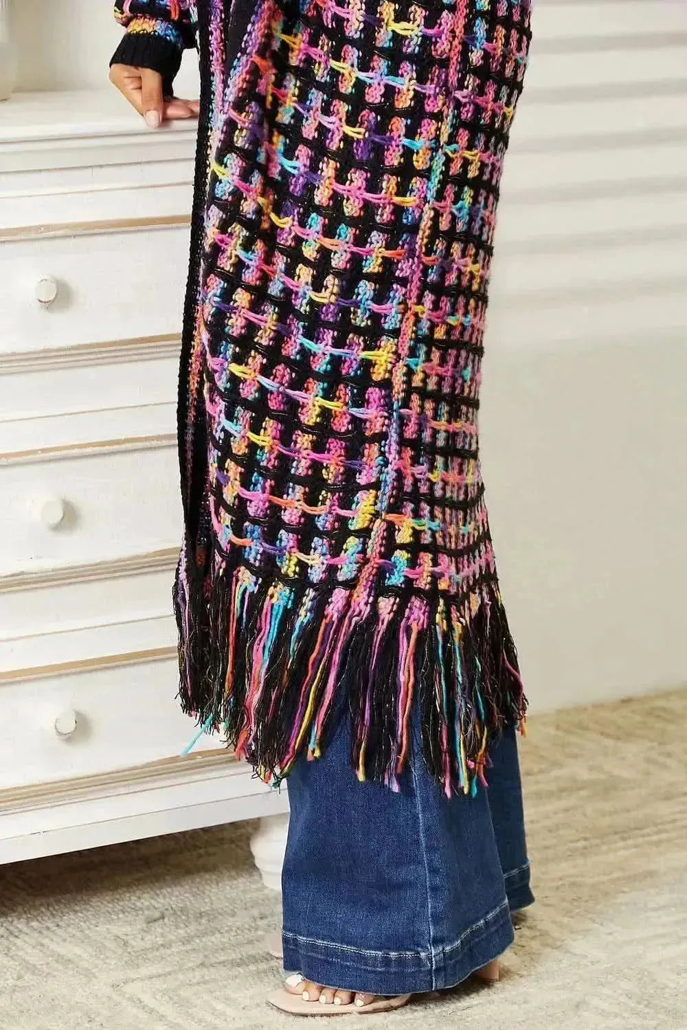 Full Size Multicolored Open Front Fringe Hem Cardigan - Bad Moms Club