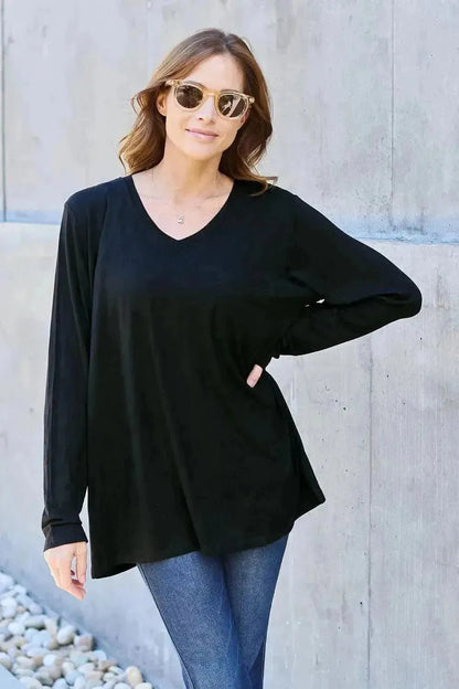 Basic Bae Full Size V-Neck Long Sleeve Top - Bad Moms Club