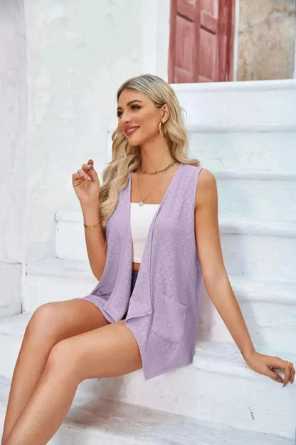 Eyelet Open Front Sleeveless Cardigan - Bad Moms Club