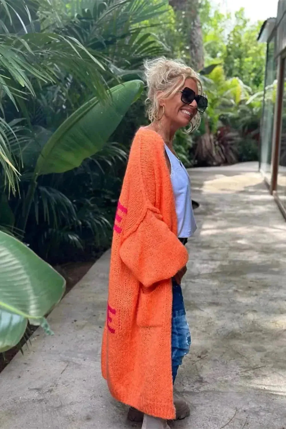 Letter Dropped Shoulder Long Sleeve Cardigan - Bad Moms Club