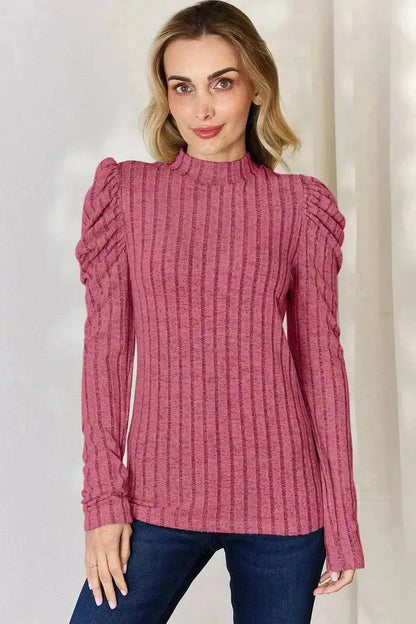 Basic Bae Full Size Ribbed Mock Neck Puff Sleeve T-Shirt - Bad Moms Club