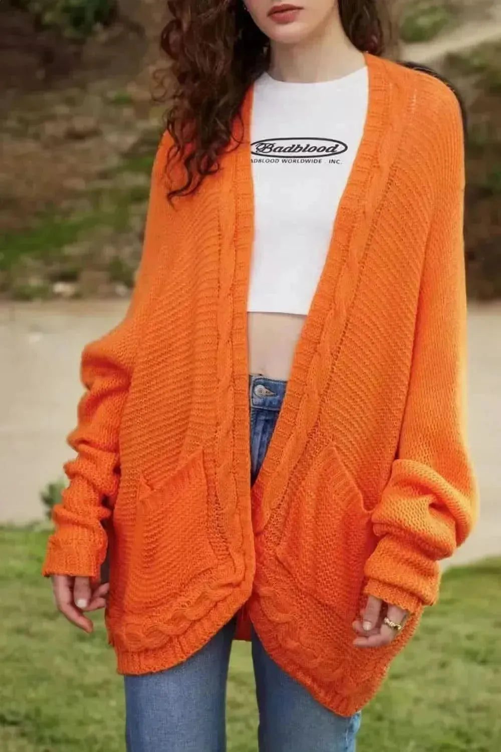 Cable-Knit Open Front Cardigan with Pockets - Bad Moms Club