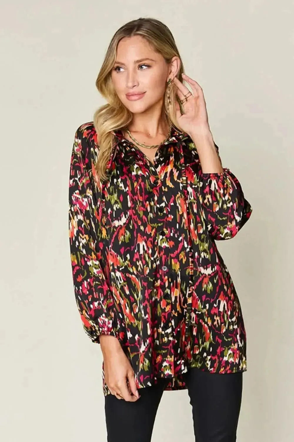 Double Take Full Size Printed Button Up Long Sleeve Shirt - Bad Moms Club
