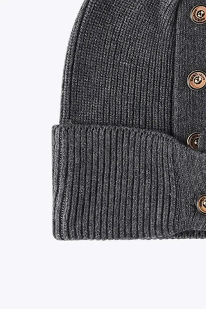 Button Detail Rib-Knit Cuff Beanie - Bad Moms Club