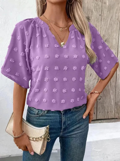 Ivy Lane Swiss Dot Notched Half Sleeve Blouse - Bad Moms Club