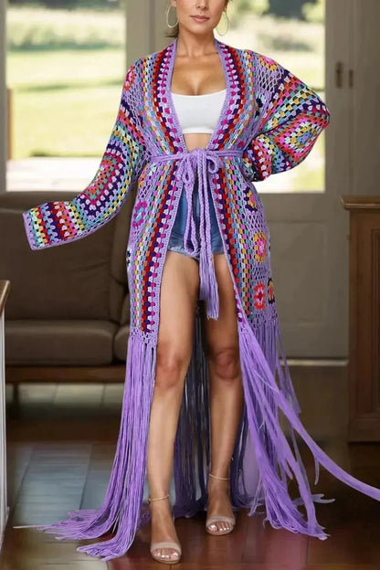 Fringe Tied Long Sleeve Cardigan - Bad Moms Club