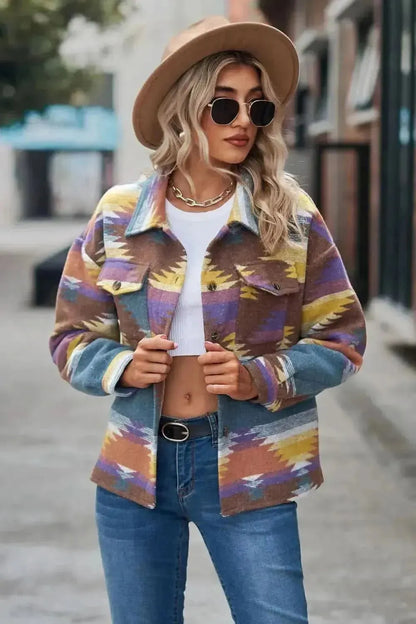 Printed Collared Neck Jacket - Bad Moms Club