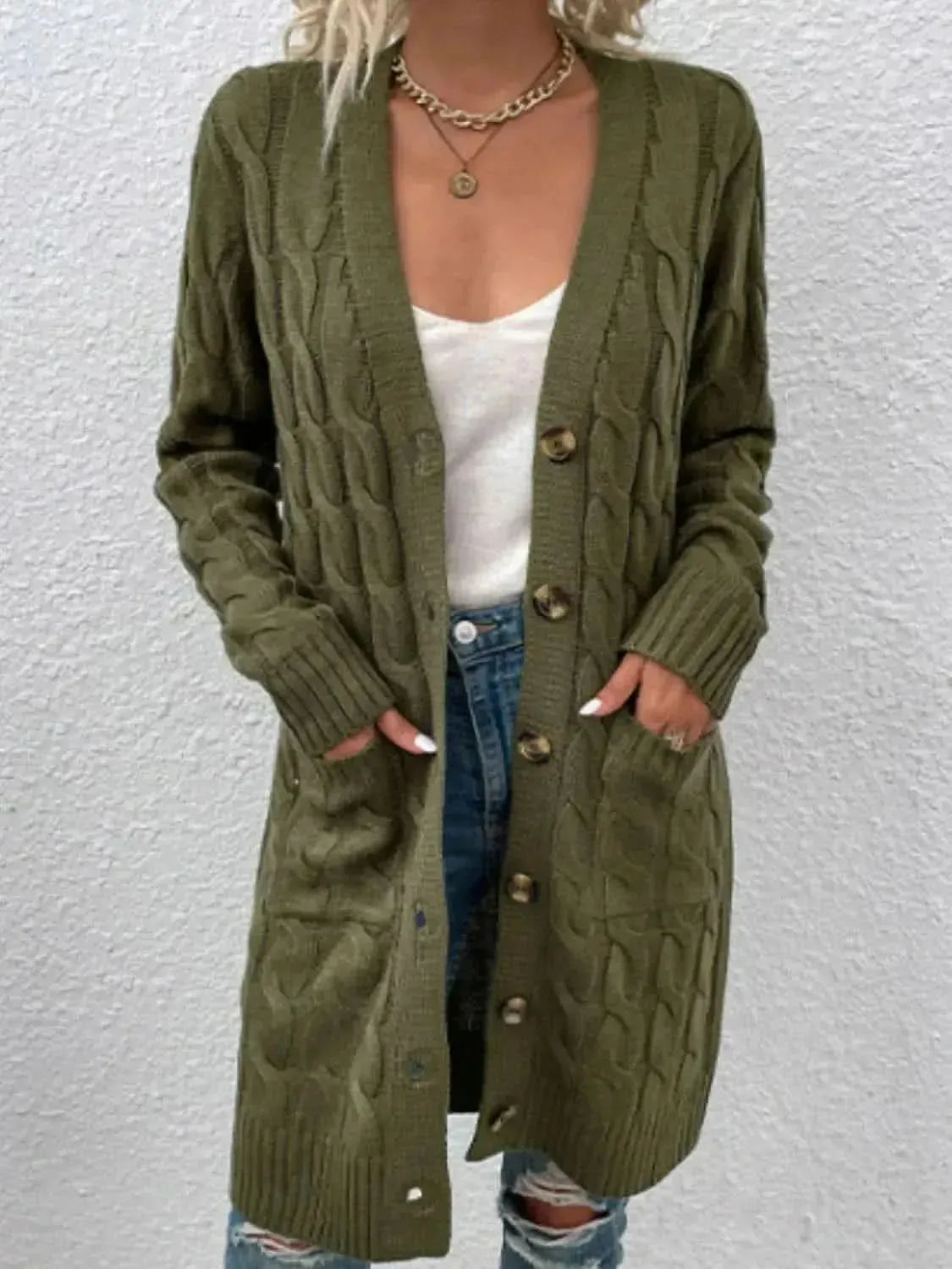 Cable-Knit Button Down Cardigan with Pockets - Bad Moms Club