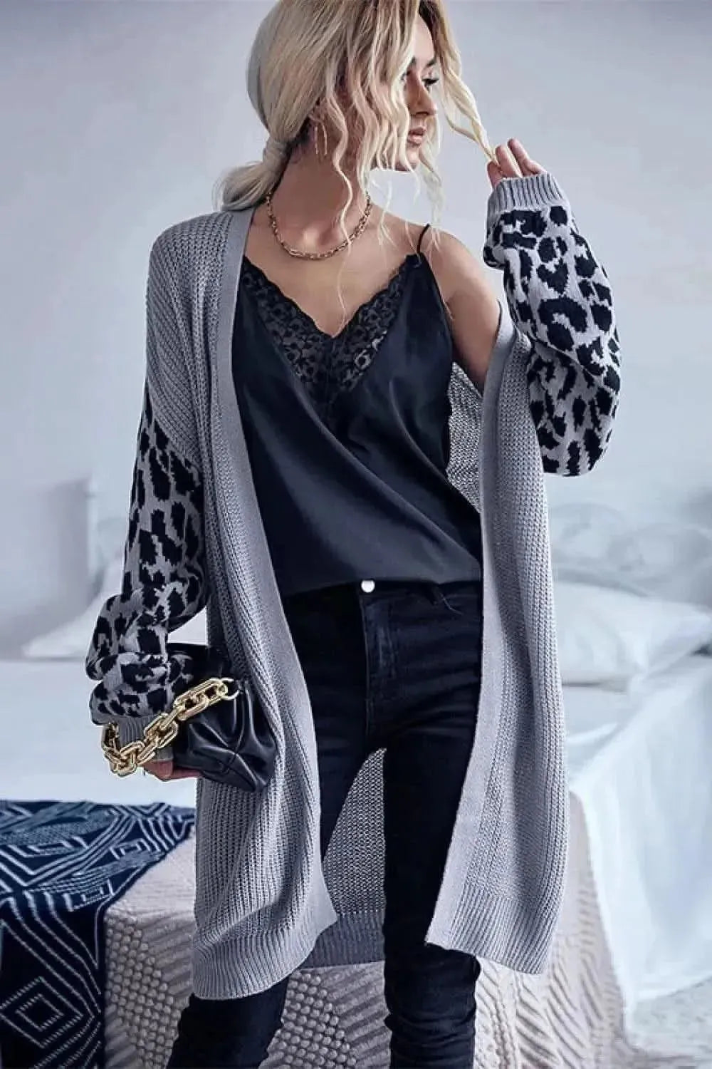 Leopard Sleeves Waffle Knit Open Front Cardigan - Bad Moms Club