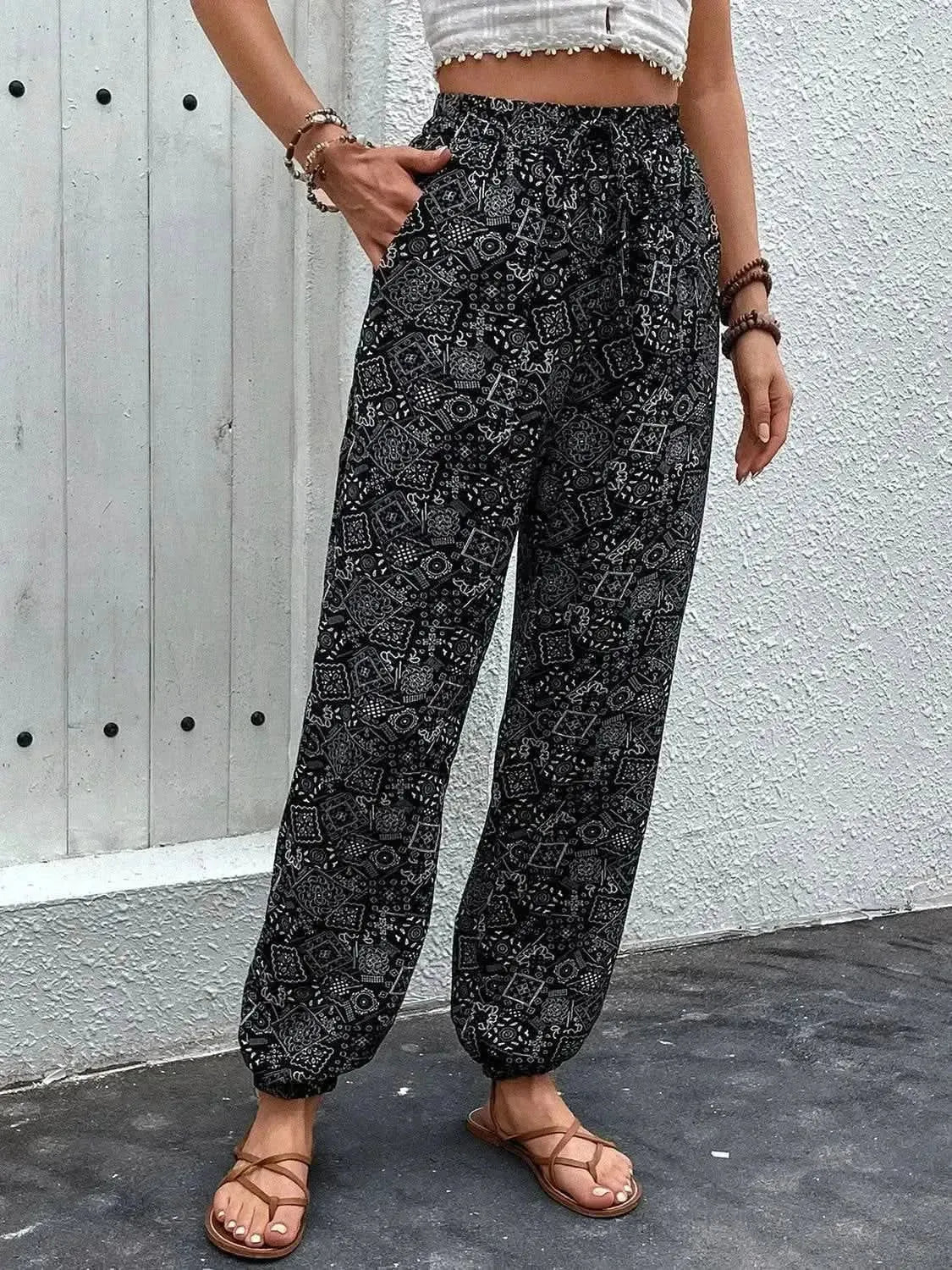 Perfee Printed High Waist Pants - Bad Moms Club