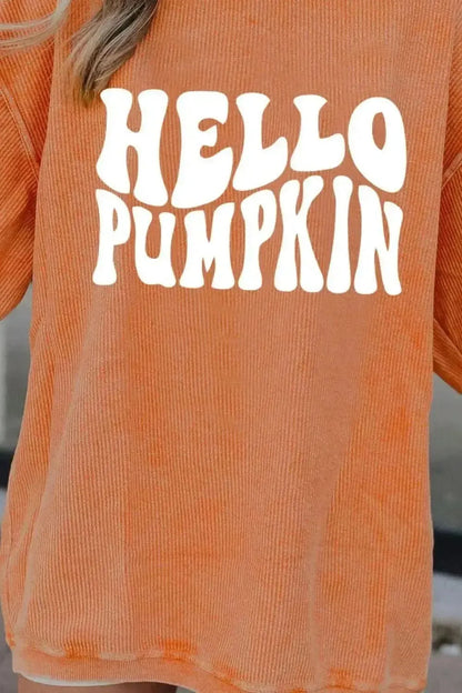 Round Neck Dropped Shoulder HELLO PUMPKIN Graphic Sweatshirt - Bad Moms Club