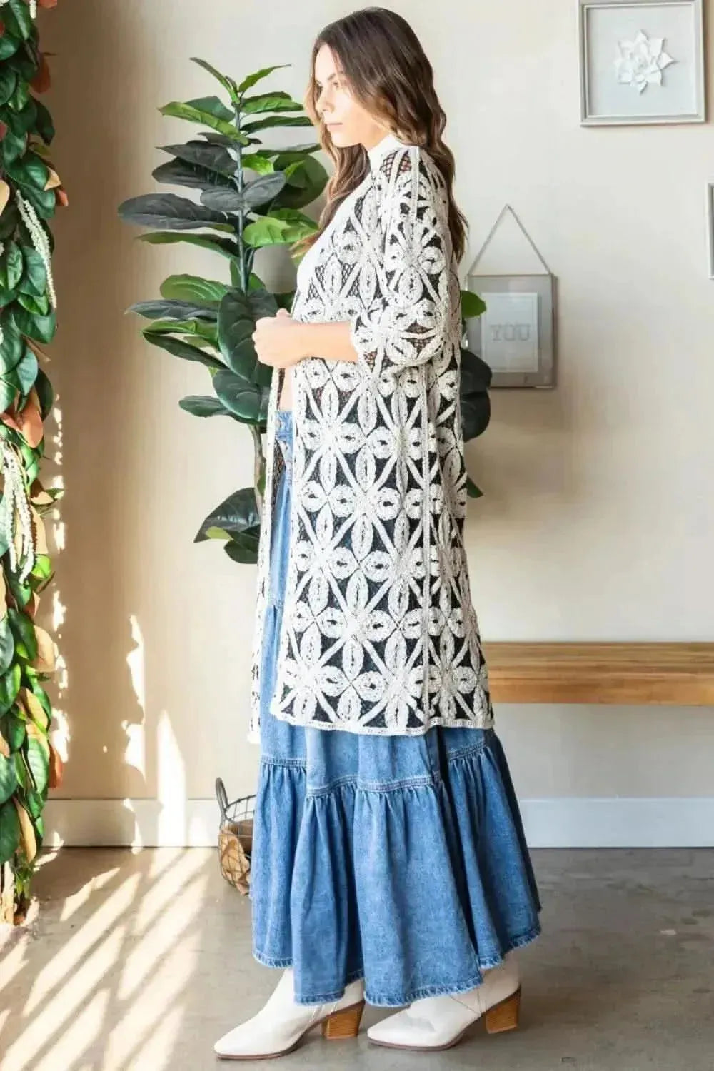 Veveret Geometric Open Front Three-Quarter Sleeve Cardigan - Bad Moms Club