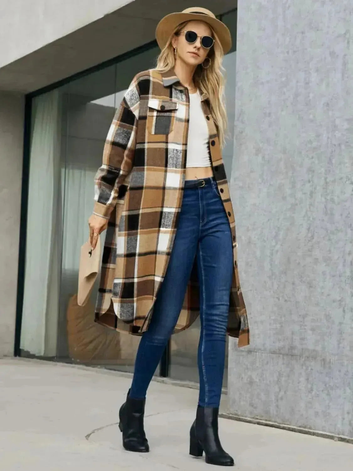 Plaid Pocketed Button Up Trench Coat - Bad Moms Club